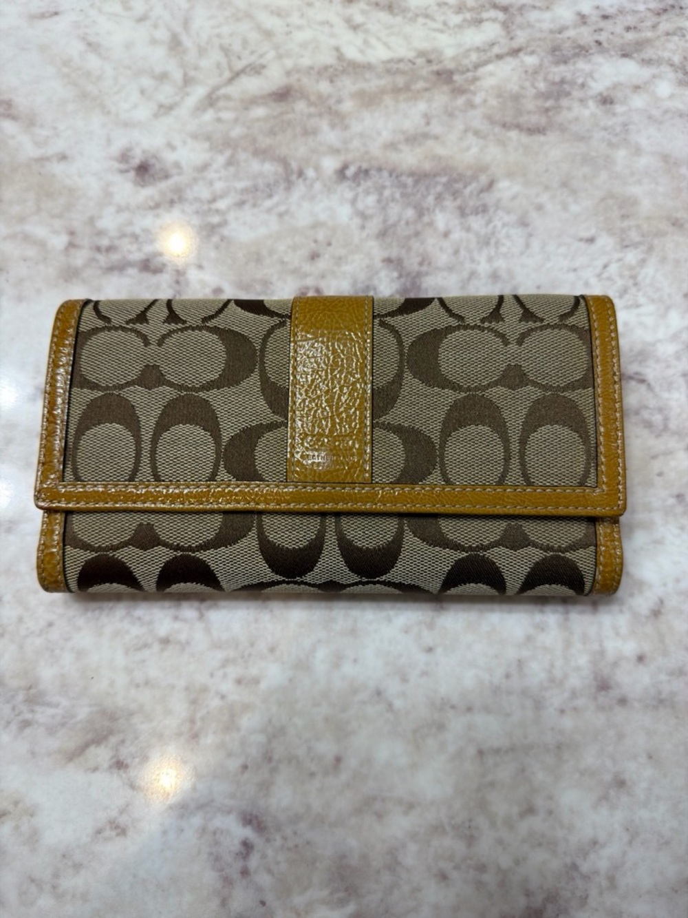 Coach Signature Canvas Trifold Wallet in Brown and Tan Leather Trim